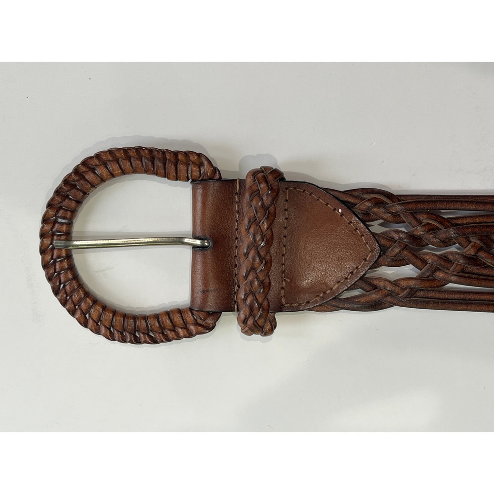 Womens Brown Braided Woven Leather Belt Wide Boho Round Buckle Size Large